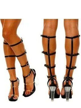 💥KILLER DESIGN💥VTG Caged Lucite Heel Gladiator Pumps in Black Leather & Clear